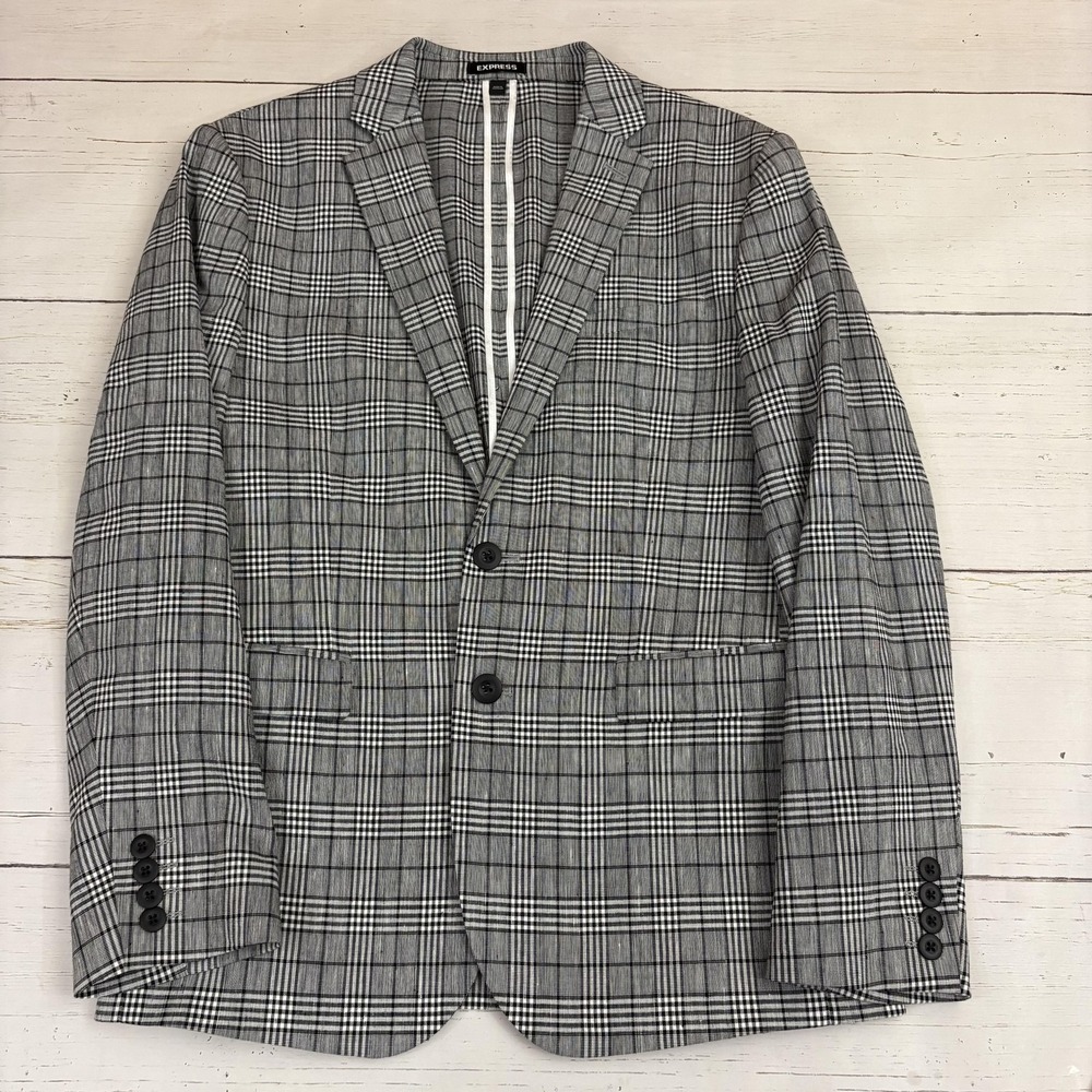 Express Blazer Men Unstructured 38S Gray Glen Plaid Linen Blend Extra Slim Fit